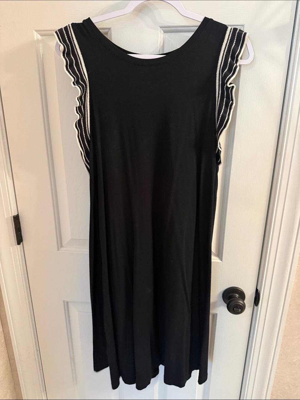 LOFT Black Mini Dress with White-Trim Ruffle Sleeves